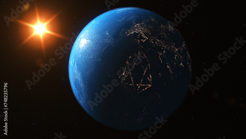 City Light Eos Coin 3D Illustration Symbol on the Earth Background. Eos Coin Logo on Earth Background.