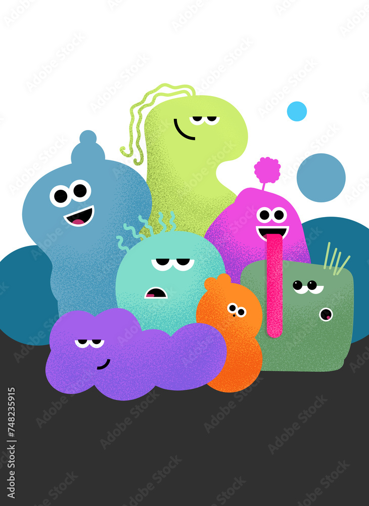 Cute, funny characters. Colorful, smile, attitude, tired, bothered, interested, vibrant.