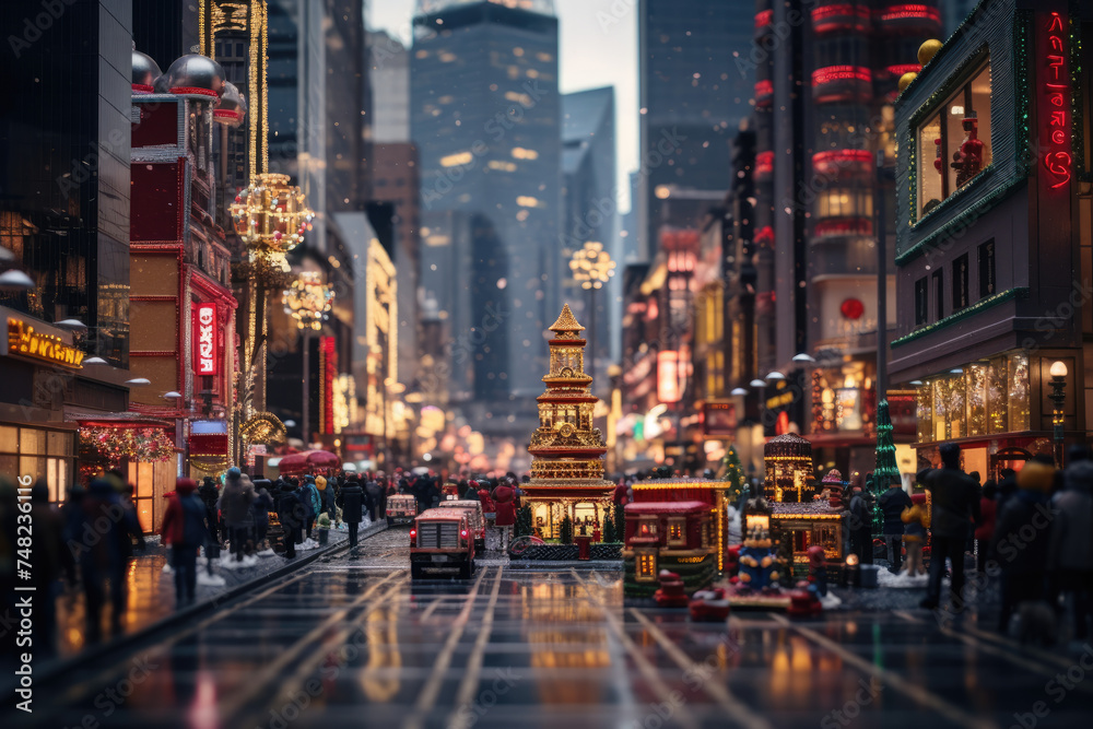 Naklejka premium A mesmerizing tilt shift diorama capturing a bustling city street during the holiday season, adorned with festive decorations and lights