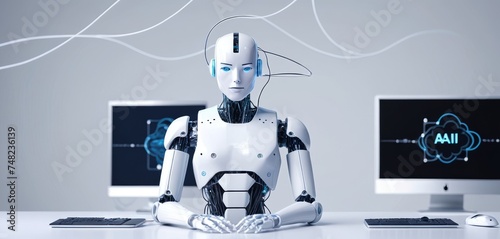 A humanoid robot appears in a pose of contemplation, surrounded by multiple screens, possibly analyzing data or solving complex problems. photo