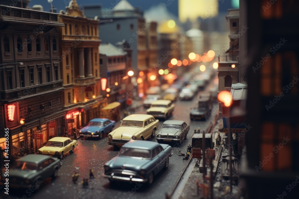 Tilt shift lens brings to life a miniature diorama of a busy city street in the evening, glowing with the warm lights of cars and street lamps
