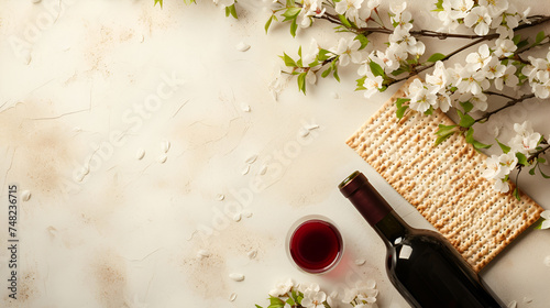 Jewish matzah, a bottle of wine and spring flowers on a light background, Passover
