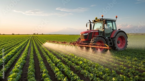 Farming tractor spraying plants in a field.