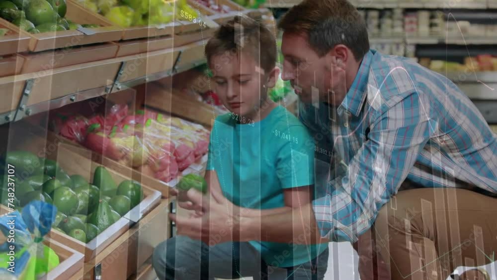 Animation of financial data processing over caucasian man with boy grocery shopping Animation of financial data processing over caucasian man with boy grocery shopping