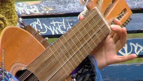 A Woman Playing A Typical Chilean Stringed Instrument Called 