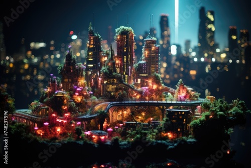 Diorama depicting a futuristic megapolis in biopunk style, complete with vibrant neon lights and lush greenery, enhanced by a tilt-shift effect