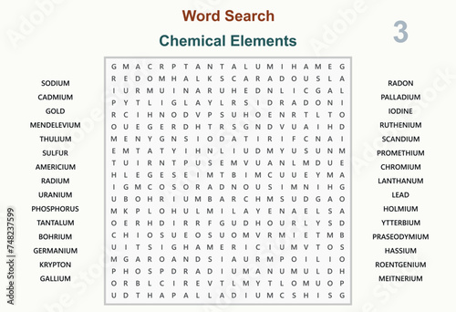 Word search puzzle vector (Word find game) illustration. Chemical elements 3 photo
