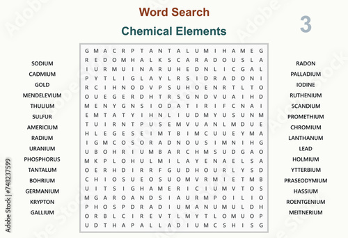 Word search puzzle vector (Word find game) illustration. Chemical elements 3