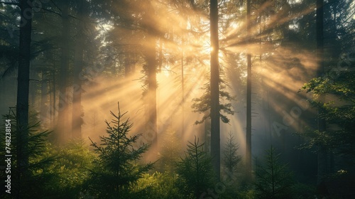 Misty Forest Sunrise. Golden sunrise rays filter through the mist in a dense forest. Resplendent. © Summit Art Creations