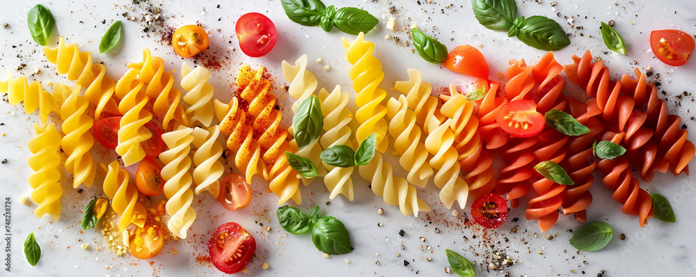 Colorful rotini pasta, diced tomatoes, and oregano leaves displayed with precision on a clean white countertop. Top view space to copy.