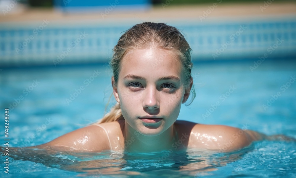 Teenage girl is swimming in a pool