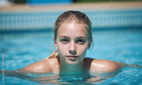 Teenage girl is swimming in a pool © orelphoto