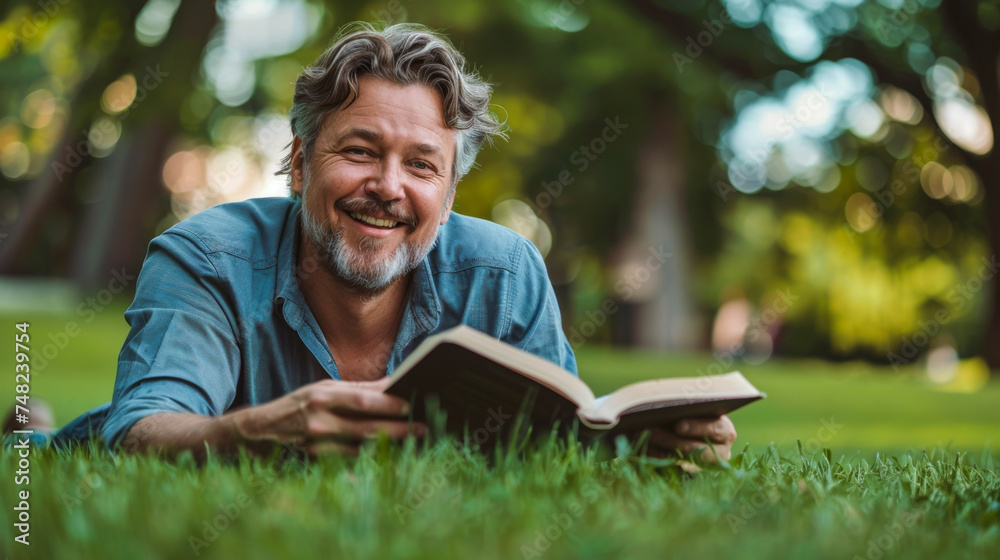 Smiling mature man with gray hair enjoying a book outdoors Smiling mature man with gray hair enjoying a book outdoors