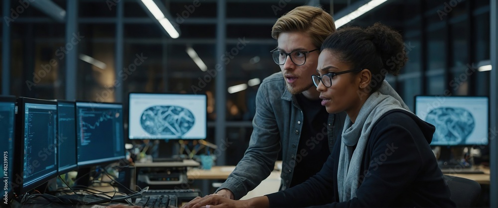 Diverse Young Colleagues Working on Computers in a Research Laboratory, Female Asking Advice from a Male Software Developer Colleague About a Solution for Their Collaborative Industrial Tech Project Diverse Young Colleagues Working on Computers in a Research Laboratory, Female Asking Advice from a Male Software Developer Colleague About a Solution for Their Collaborative Industrial Tech Project