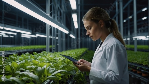 Biology Scientist Working in a Vertical Farm Next to Rack with Natural Eco Plants, Female Farming Engineer Using a Tablet Computer, Organizing and Analyzing Crops Information Before Distribution photo