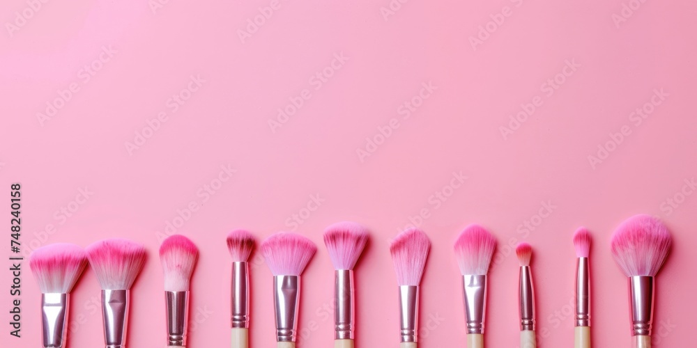 bright professional makeup brushes, pink background, horizontal banner for make-up, beauty and cosmetology, free space for text