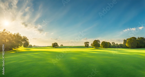 Wide lawn trimmed with precision under a blue sunny sky, copy space for text