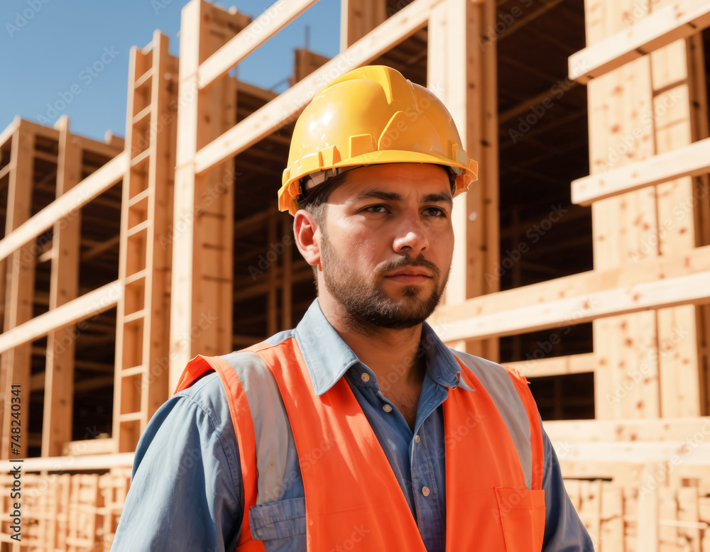 Trabajador con casco y chaleco observa estructura de madera, cielo claro. Trabajador con casco y chaleco observa estructura de madera, cielo claro.