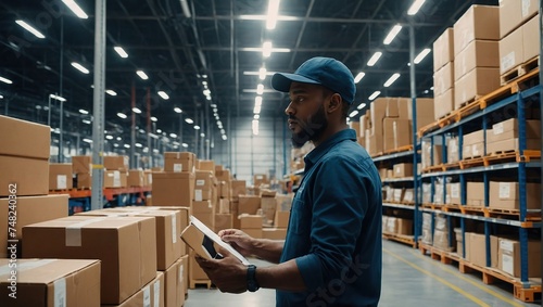 Futuristic Technology Retail Warehouse Worker Doing Inventory Walks when Digitalization Process Analyzes Goods, Cardboard Boxes, Products with Delivery Infographics in Logistics, Distribution Center  photo