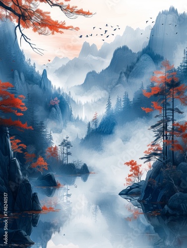 Dreamy Landscape with Majestic Mountains and Trees on a White Background Generative AI