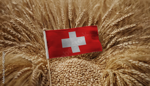 Switzerland flag on barley grain. Origin of barley, agribusiness of growing barley