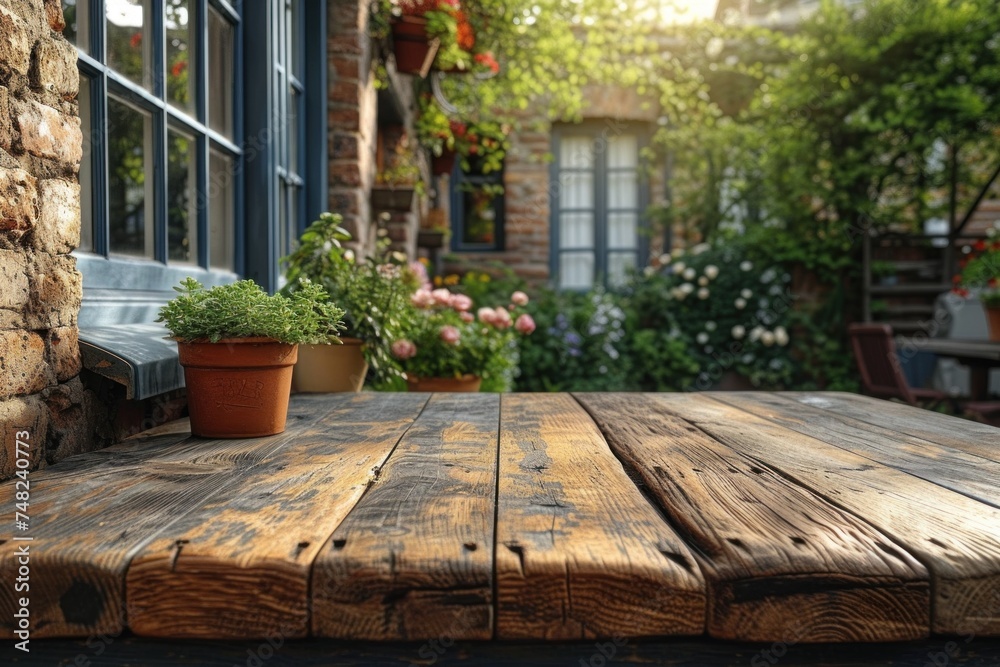 Sunlit Empty Rustic  Wooden Table Top Surface with Potted Plants Near the Window with View of Cottage Garden Patio Background For Product Display Showcase