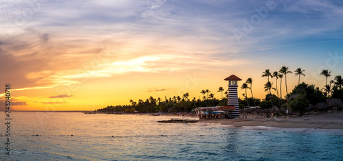 Panorama of dramatic sunset at Bayahibe Beach, La Romana, Dominican republic. photo
