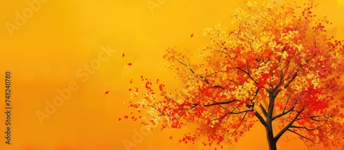 A detailed painting featuring a vibrant autumn tree with colorful leaves set against a bright yellow background. The tree stands out prominently, showcasing its branches and foliage in stunning detail