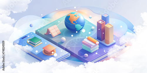 Educational background. Online learning concept and communication with educational technology through the Internet. Earth, Books, Pencils, Connections, Illustrations