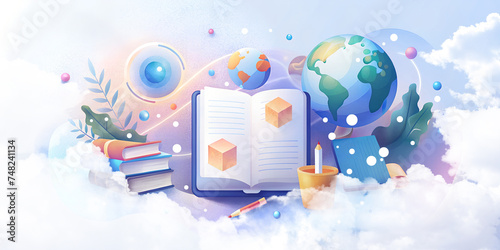 Educational background. Online learning and innovation concept of communication technology in education in future. world, notebook, knowledge, book, pencil, illustration