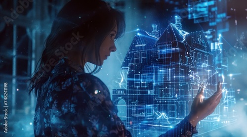 Une femme utilisant une tablette avec un hologramme d'une maison. Concept de maison intelligente, de matériel et de technologie futuriste. photo