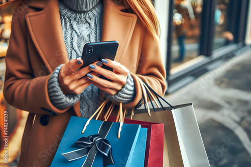 A stylish shopper in a city, checking their phone during a shopping spree