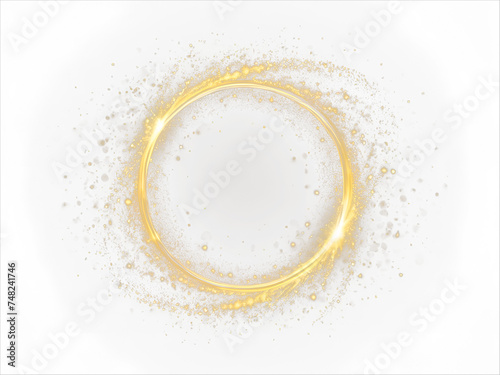Gold light circle with sparkles  vector magic glow 3d effect. Realistic golden shiny ring or swirl  round frame of flare trail with glitter dust  golden fairy dust isolated on transparent background