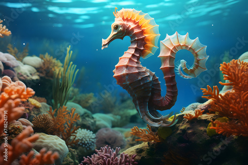 sea horse amoung the corals in the depth of sea  photo