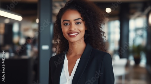 portrait of a black successful business woman smiling in a dark suit in the office