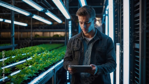 Young Farmer Working in a Vertical Farm Facility with Ultraviolet LED Lights, Hydroponics Specialist Working on Tablet Computer Next to Rack with Fresh Plants Ready for Shipping to a Supermarket
