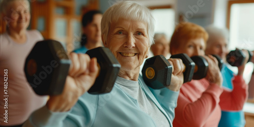 Elderly Strength: Group Fitness in a Sunny Gym
 photo
