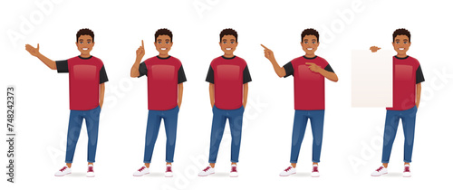 Young man boy in casual clothes standing with different gestures set isolated vector illustration