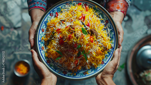  HAND HOLDING PLATE OF COLORFUL SPICY BIRYANI
