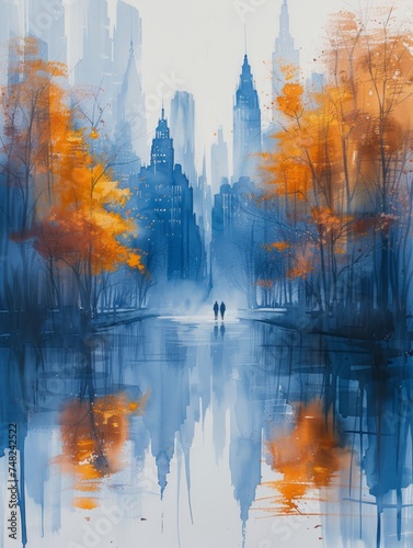 Autumn Mood: Cityscape in Gray and Blue Watercolor Generative AI © Alex