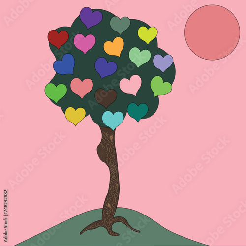 A single tree stands on a hill. Fruits in the shape of hearts of different colors are drawn on the plant.