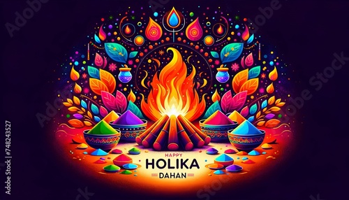 Colorful illustration for holika dahan with a large bonfire. photo