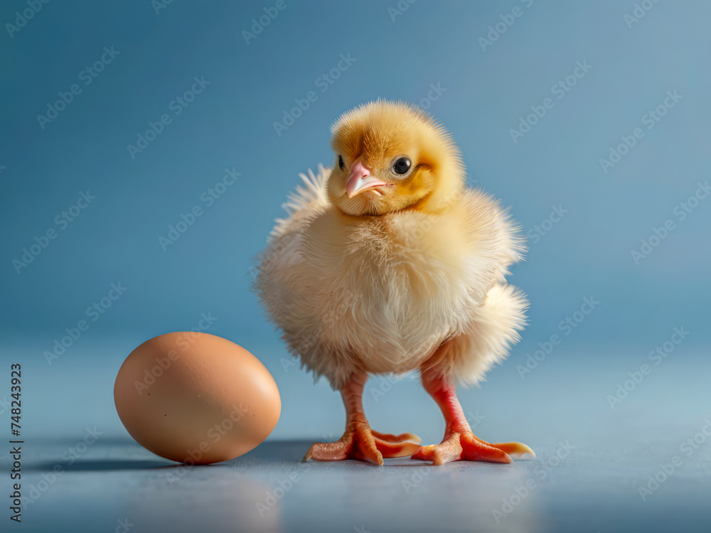 Cute hen chicklet and egg on blue