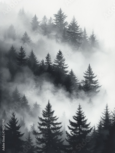 Mystical Foggy Forest Watercolor Illustration Generative AI