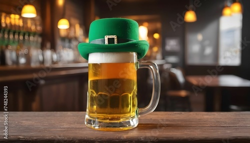 St. Patrick's Day, glass of beer and green hat on wooden bar in the pub background , bar pun background created with generative ai	
 photo