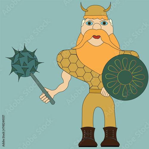 Armed Viking. A soldier with a beard and mustache holds a shield and a mace in his hands. The warrior is dressed in armor, chain mail, armor and a helmet with horns.