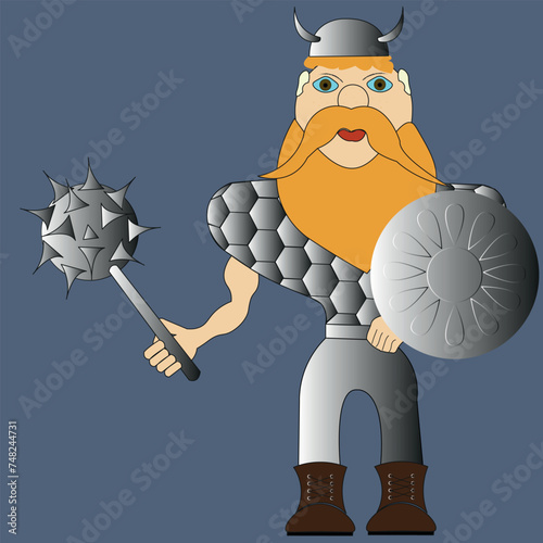 Armed Viking. A soldier with a beard and mustache holds a shield and a mace in his hands. The warrior is dressed in armor, chain mail, armor and a helmet with horns.