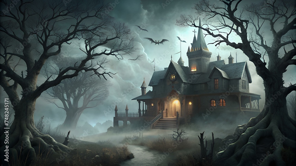 Eerie Halloween Illustration: Haunted Mansion Enveloped in Mist, Ghostly Apparitions, Bats Circling in Night Sky - Spooky Atmosphere for Halloween Theme, Scary Design, and Creepy Artwork