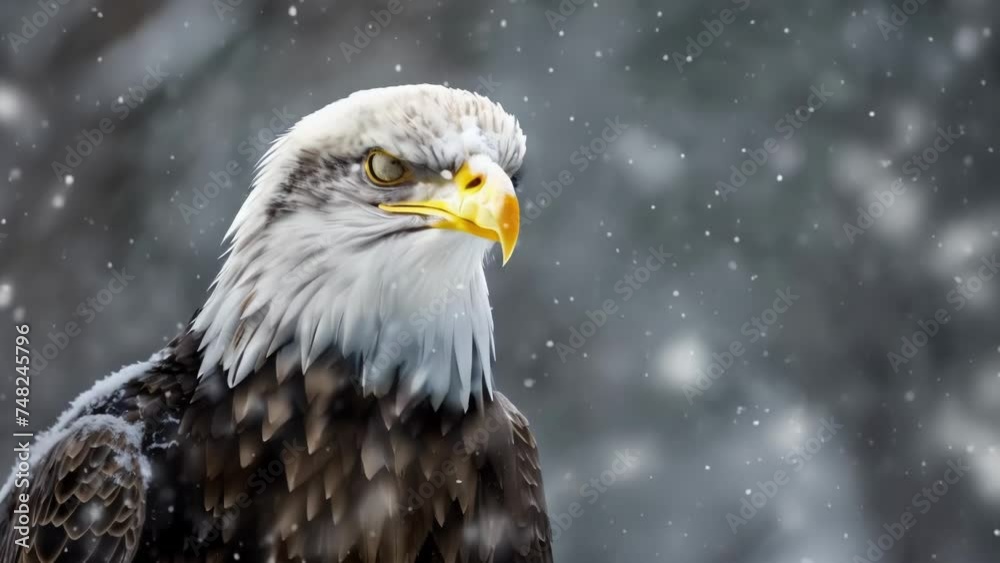 Closeup of a powerful bald eagle its white head and piercing yellow eyes stoically contrasted against the falling snow. Closeup of a powerful bald eagle its white head and piercing yellow eyes stoically contrasted against the falling snow.