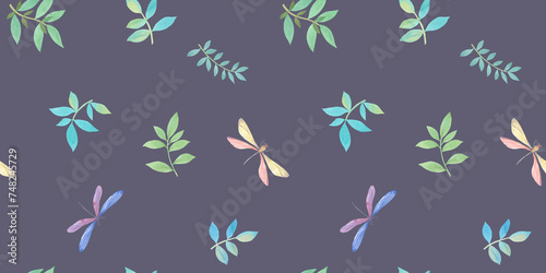 botanical seamless background of dragonflies and leaves  watercolor pattern of hand drawn leaves on branches  abstract illustration for wallpaper and packaging design